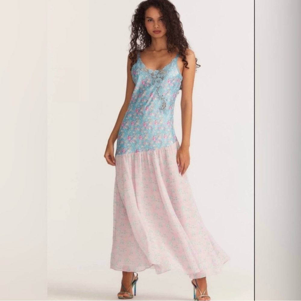 LoveShackFancy Rhoda Floral Blue and Pink Maxi Dress lace drop hem asymmetric